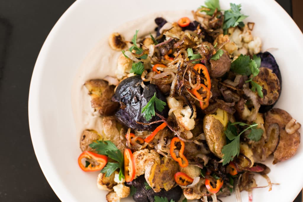 Smashed Roasted Potatoes with Crispy Cauliflower, Tahini and Chiles