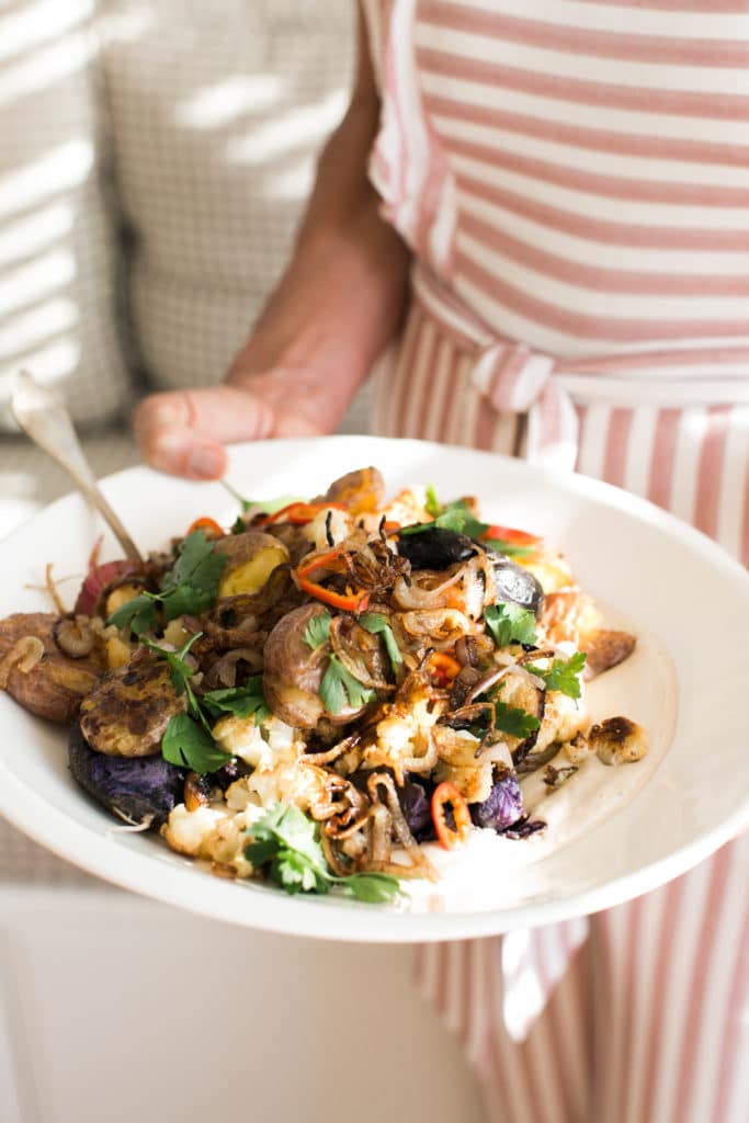 Smashed Roasted Potatoes with Crispy Cauliflower, Tahini and Chiles // www.LisaSamuel.com