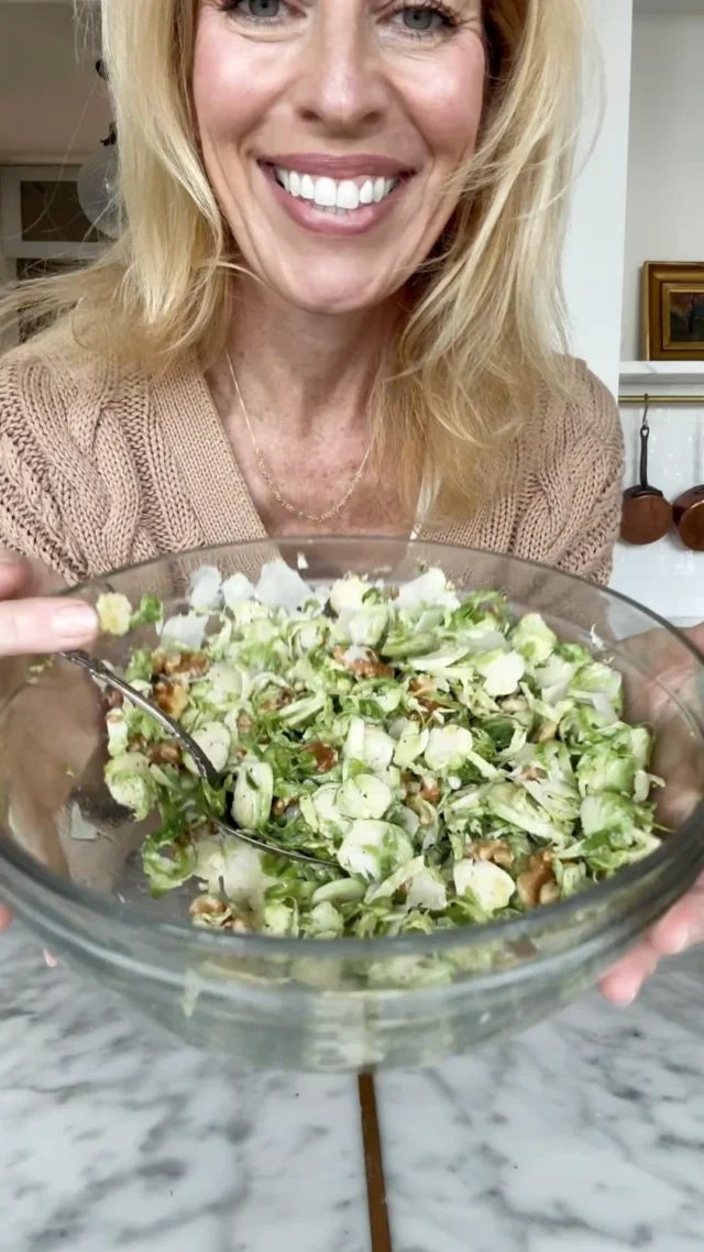 Here’s an EASY Thanksgiving side dish for you—a crisp, bright, crunchy Brussels Sprouts and Walnut Salad. Even better, you can make it ahead in the morning or even the day before. 

It even makes a great lettuce alternative for the turkey sandwich you’ll probably have the next day. 

Brussels Sprouts and Walnut Salad 

Serves about 6

1 pound Brussels sprouts, trimmed
1/2 teaspoon sea salt, or to taste
freshly ground black pepper, to taste
Zest and juice of one large lemon (about 4 tablespoons lemon juice)
1 tablespoon apple cider vinegar
1/3 cup extra virgin olive oil 
1 1/2 - 2 cups lightly toasted walnuts, coarsely chopped
1 ounce (or more) Parmigiano Reggiano, shaved 

Thinly slice the Brussels, either using the slicing blade of a food processor, a mandolin or a knife. Add the sliced Brussels to a large bowl. And sea salt and pepper and stir. Add the lemon zest and juice, apple cider vinegar and olive oil and stir again. Taste and adjust seasonings, if needed. Add the walnuts and cheese and stir again. Done! Store in the refrigerator until ready to serve.

Notes: To toast the walnuts, put on a baking sheet and place in a 350 degree oven for 5 to 7 minutes, or until lightly toasted. If you don’t like walnuts, you can substitute pecans. If you’re sensitive to cow milk dairy, substitute Pecorino romano for the cheese. If you make the salad the day before serving, you may need to add a little more lemon juice or apple cider vinegar. If you want, you could also stir in a big handful of finely chopped parsley.